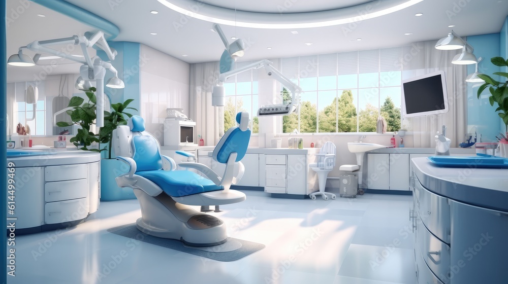 Equipped dental clinic with a modern seat and tools. Dentist specialist concept.