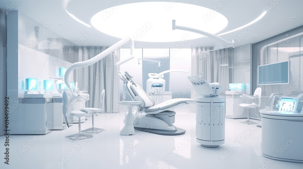 Equipped dental clinic with a modern seat and tools. Dentist specialist concept.