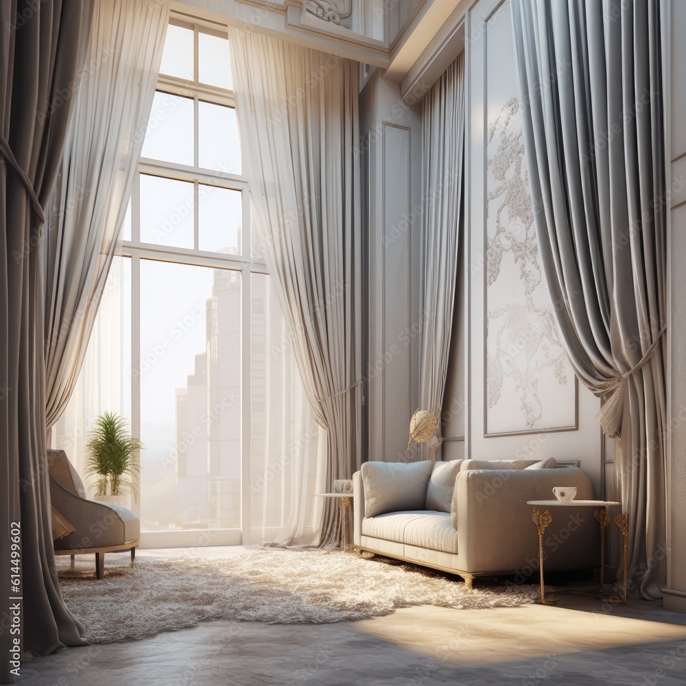 Elegant interior design with luxurious curtains and tulle, Classic Vintage Living Room.