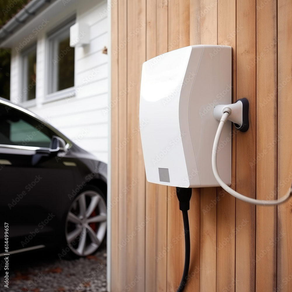 Wall mounted electric charger in the home garage, Fuel power and transportation industry concept.