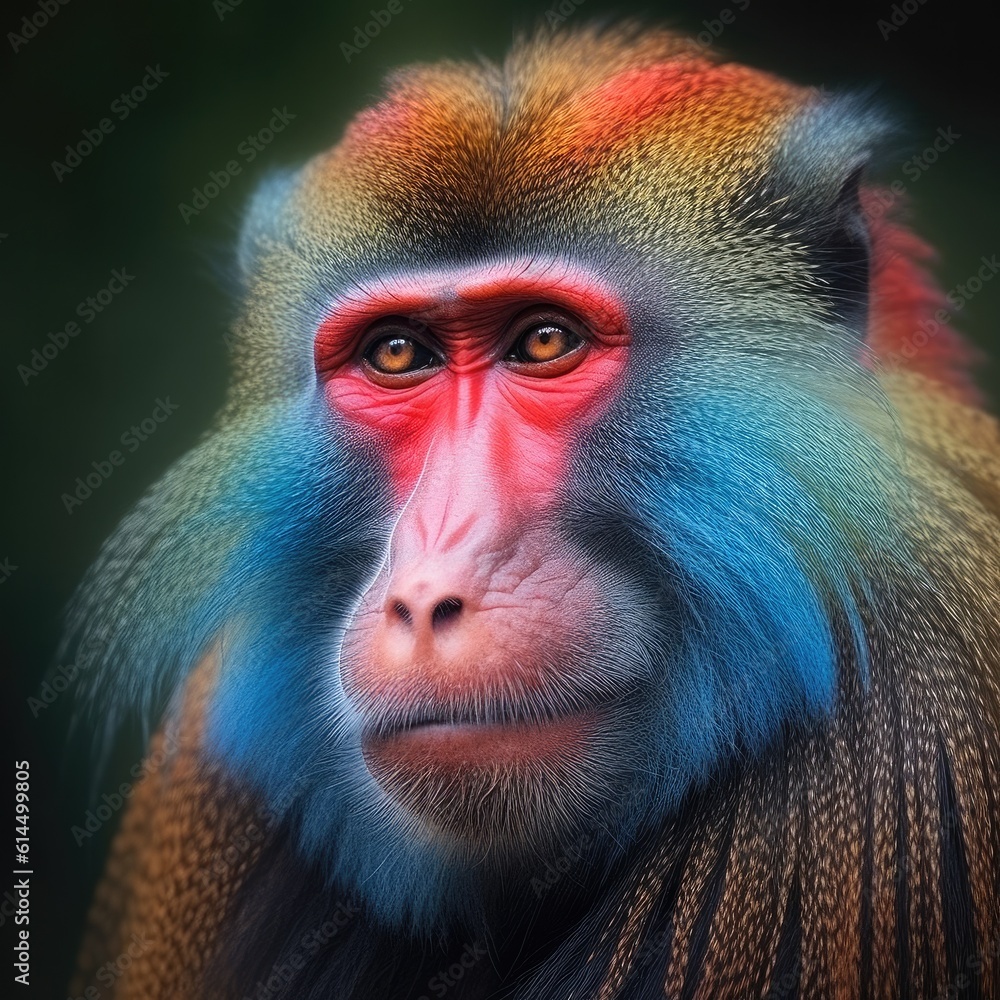 Close up of a face of a monkey, Full colors rainbow.