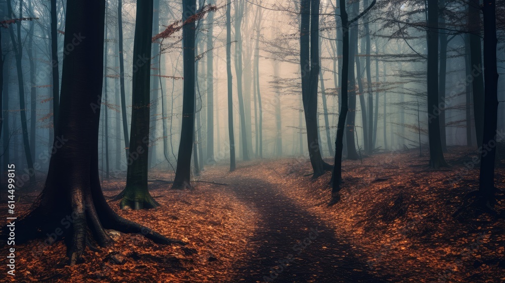 foggy forest among trees, Forest in the morning in a fog in the sun.