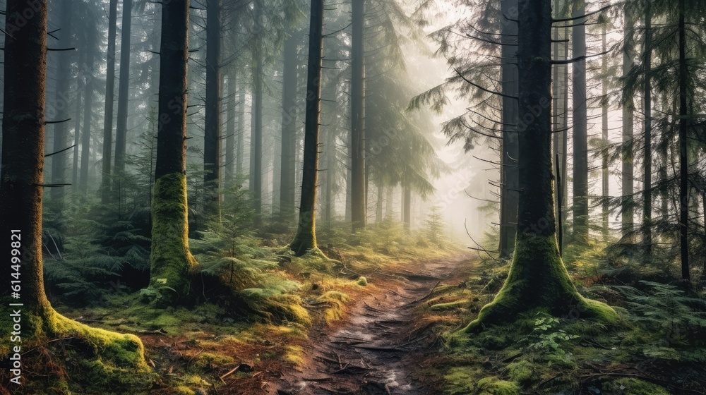 Mountain path among the trees and fog, Beautiful mountain landsca