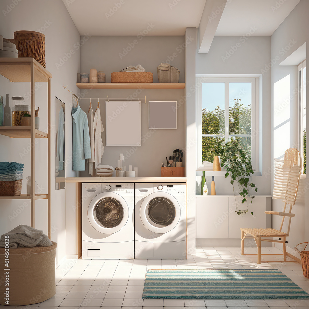 Modern clean laundry room with washing machine and dryer with shelves.