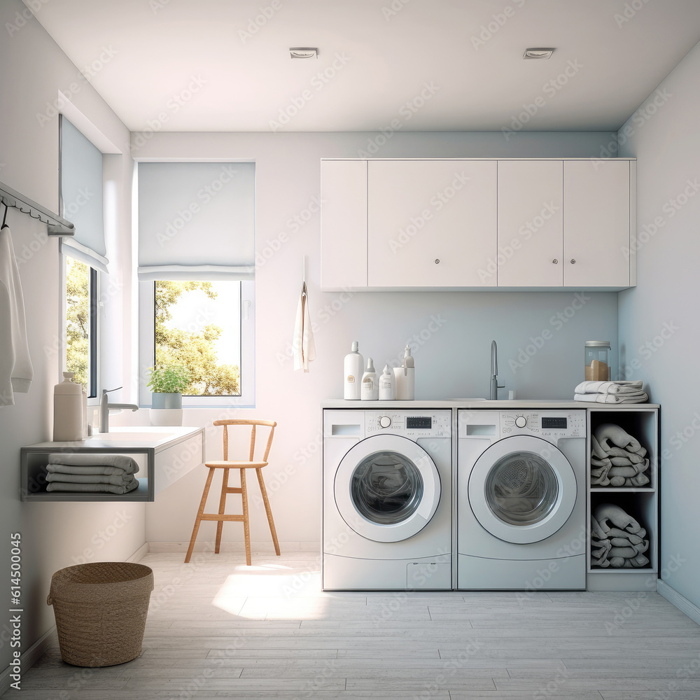 Modern clean laundry room with washing machine and dryer with shelves.