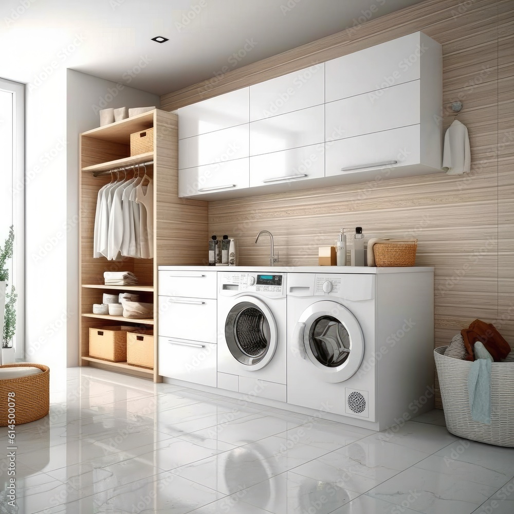 Modern laundry room interior with white brick walls, Wooden consoles and shelves with washing machin