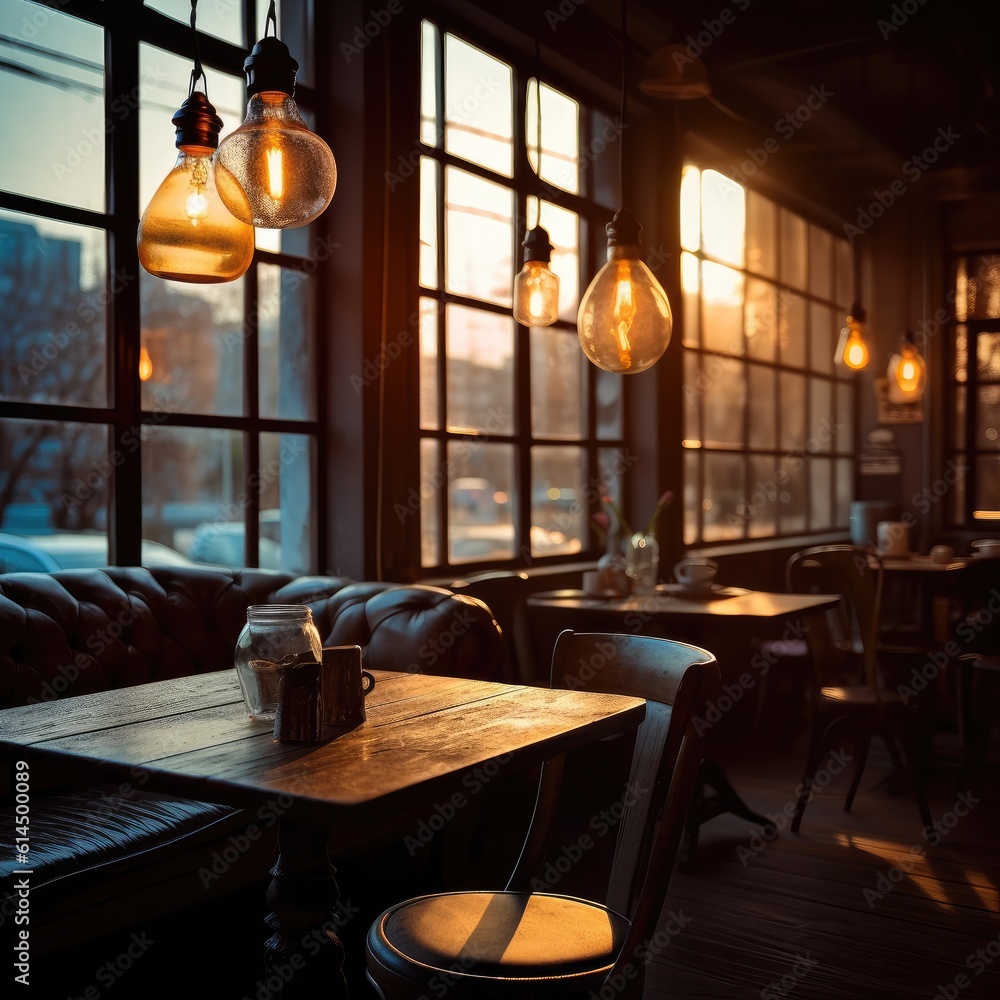 Antique edison style light bulbs in coffee shop background with retro lighting bright.