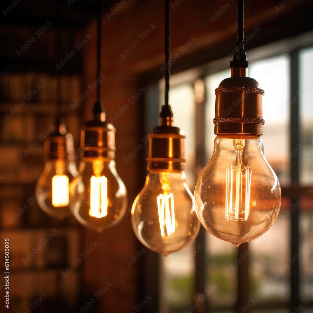 Light bulb in coffee shop background, Classic large warm globe industrial incandescent light bulb de