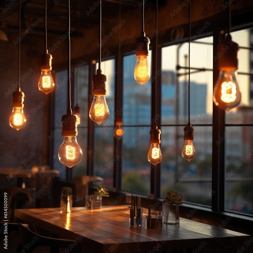 Group of vintage bulbs lights with Loft style lamp in coffee shop, Retro lighting,  Light interior d