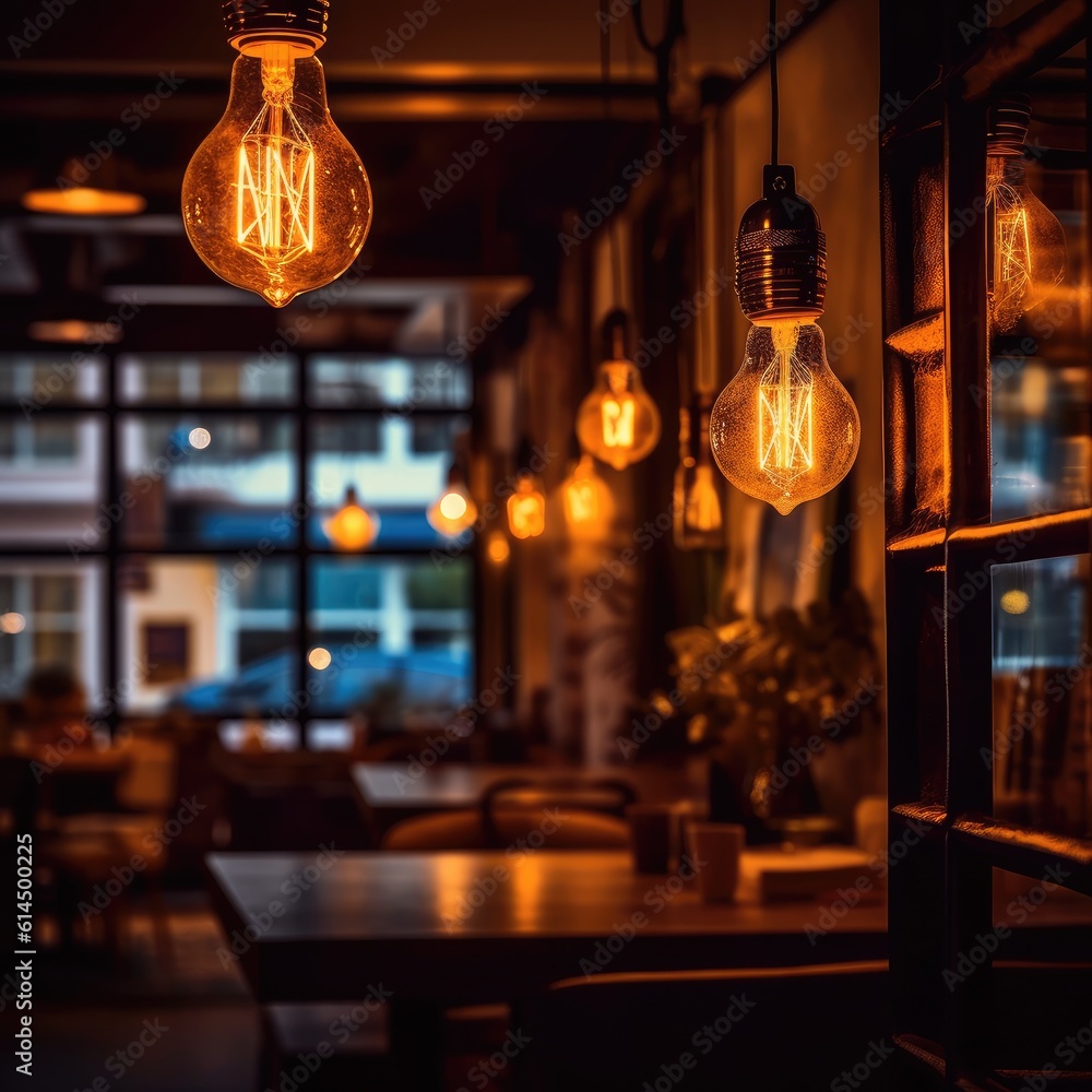 Antique edison style light bulbs in coffee shop background with retro lighting bright.