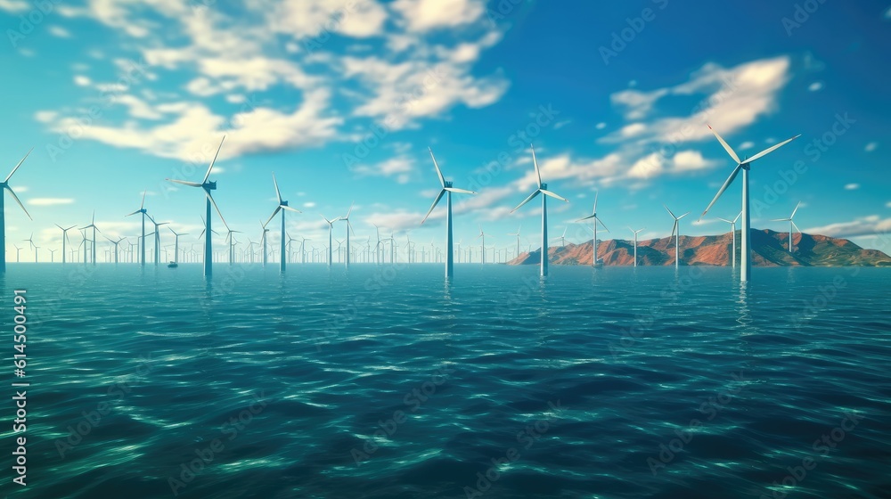 Windmills for electric power, Wind turbines farm in the sea, Windmill farm producing green energy.