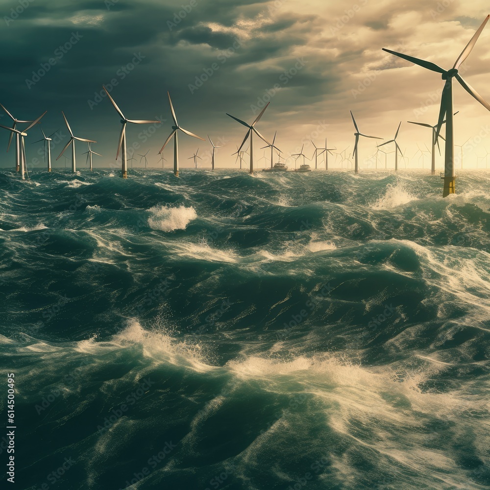 Wind turbines generator farm for renewable sustainable and alternative energy production along sea, 