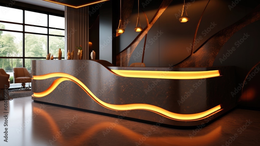 Reception desk and view of a modern luxury hotel.