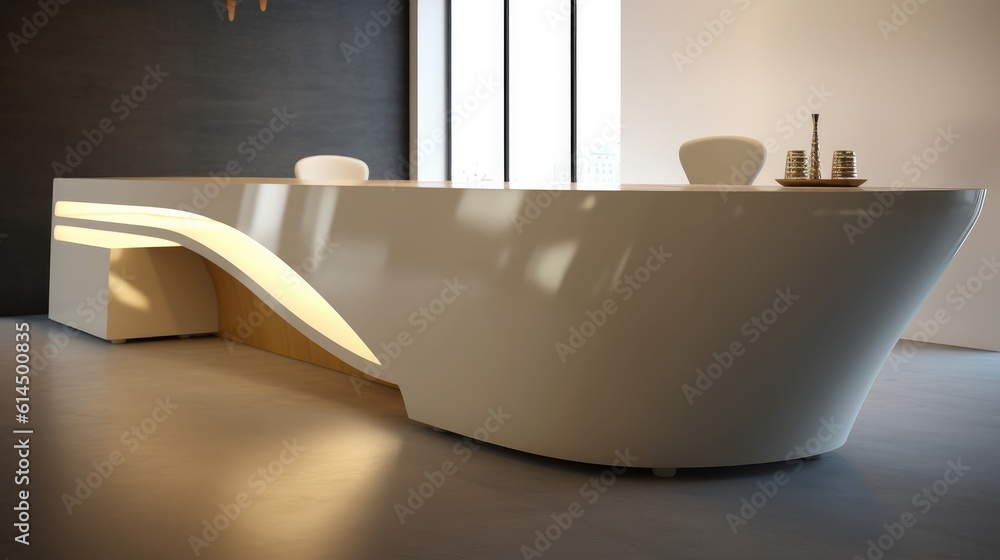 Reception desk and view of a modern luxury hotel.