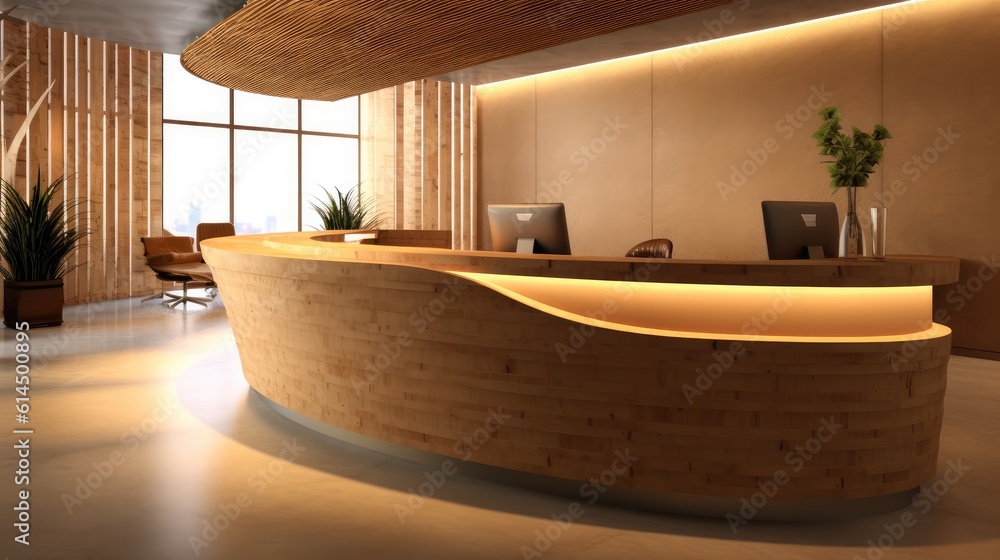 Reception desk and view of a modern luxury hotel.