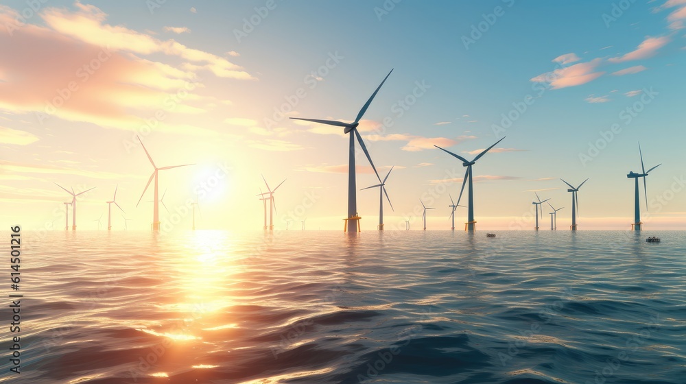 Floating wind turbines installed in sea, Alternative energy source, Concept of renewal energy source