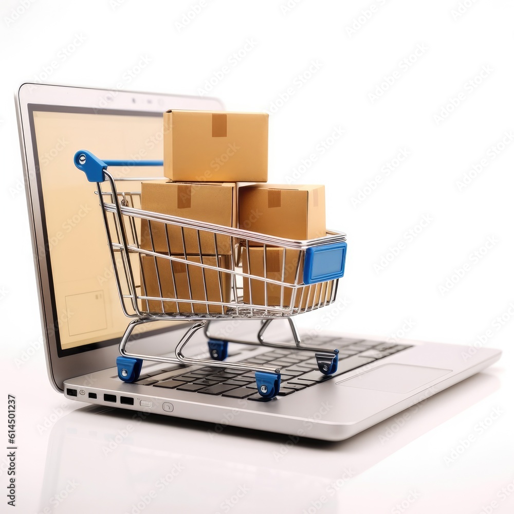 Online shopping and delivery service concept. Paper cartons in a shopping cart on a laptop keyboard,