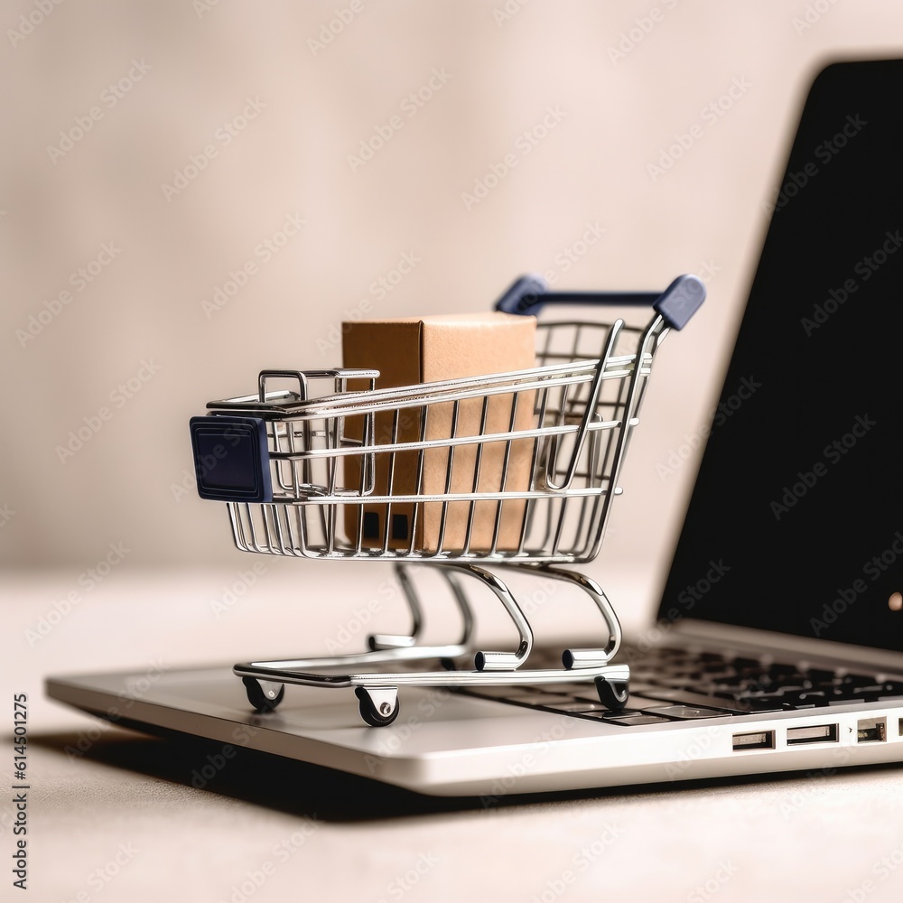 Online shopping and e-commerce with laptop and shopping cart, Concepts about online shopping that co