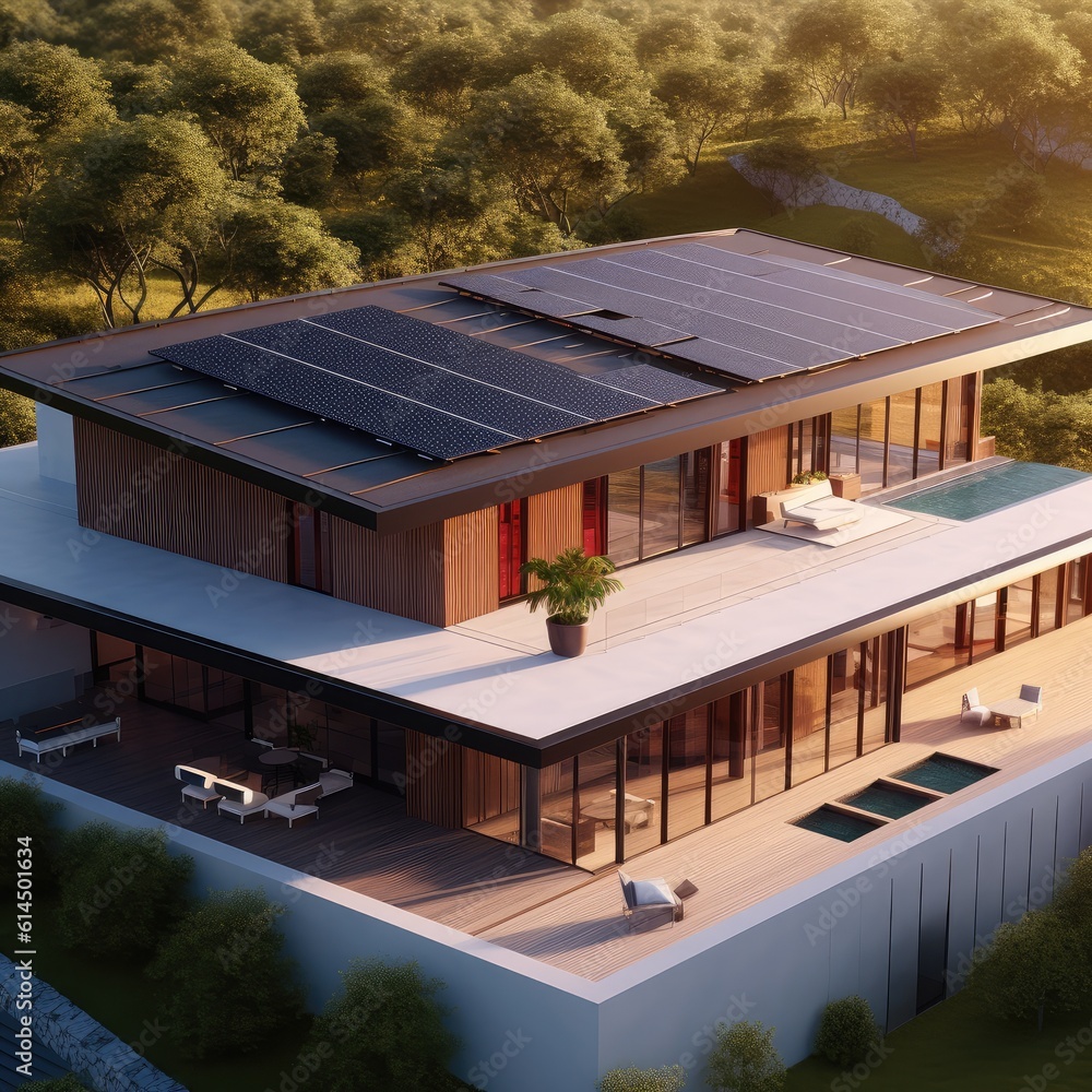 Photovoltaic panels on the roof, Roof Of Solar Panels, View of solar panels on the roof house with s