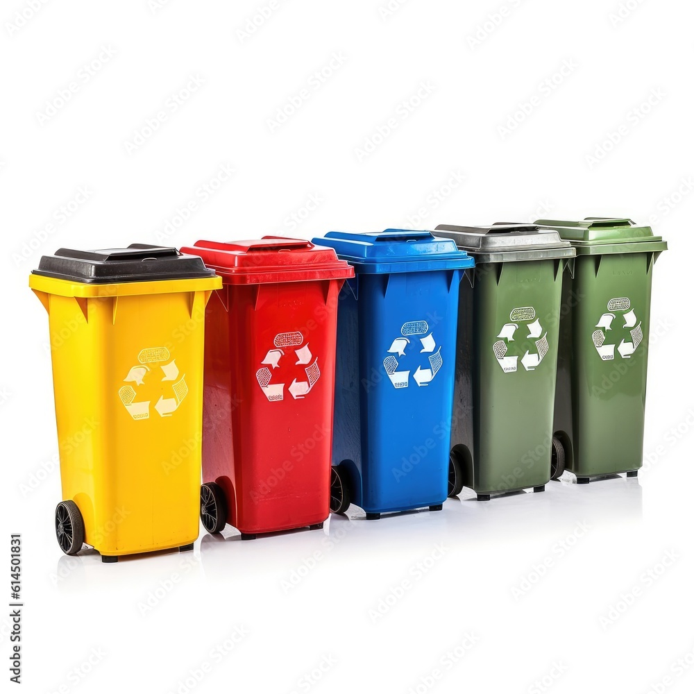 Recycling Bins Set, Garbage bins in 4 Different Color, Color coded garbage bins with recycling symbo