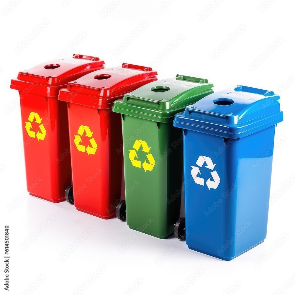 Yellow, green, blue and red recycle bins with recycle symbol on white background.