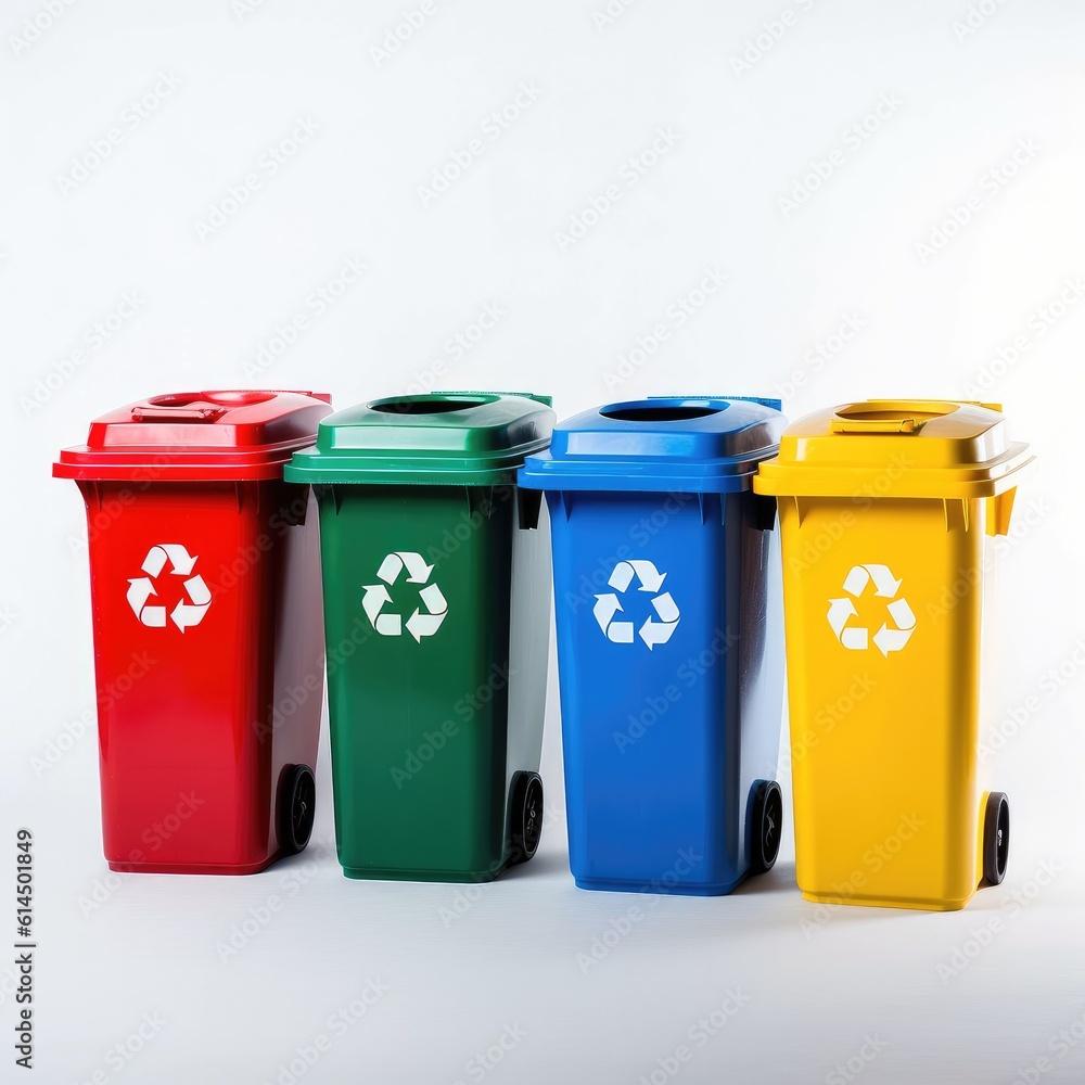 Recycling Bins Set, Garbage bins in 4 Different Color, Color coded garbage bins with recycling symbo