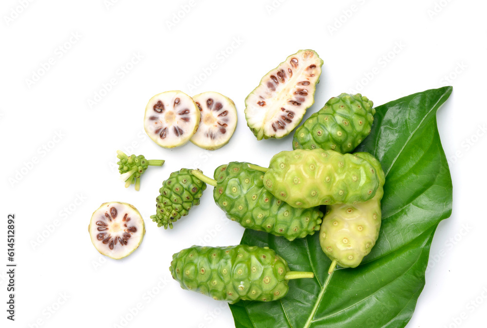 Top view of Noni or Morinda Citrifolia fruits isolated on white background.