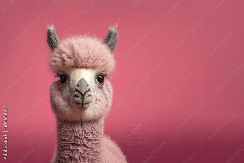 close up of a llama against a vibrant pink background. Generative AI