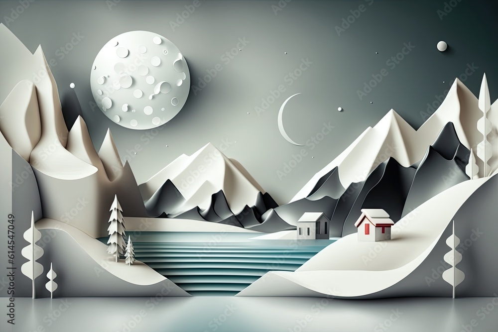 mountainous landscape with a house under a full moon. Generative AI