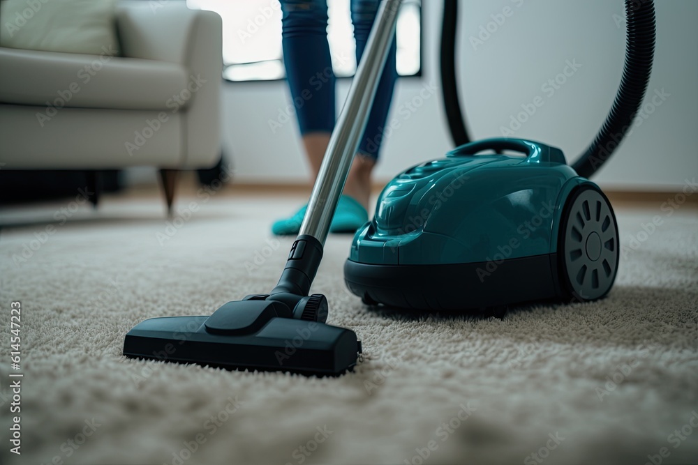 woman cleaning the carpet with a vacuum cleaner. Generative AI