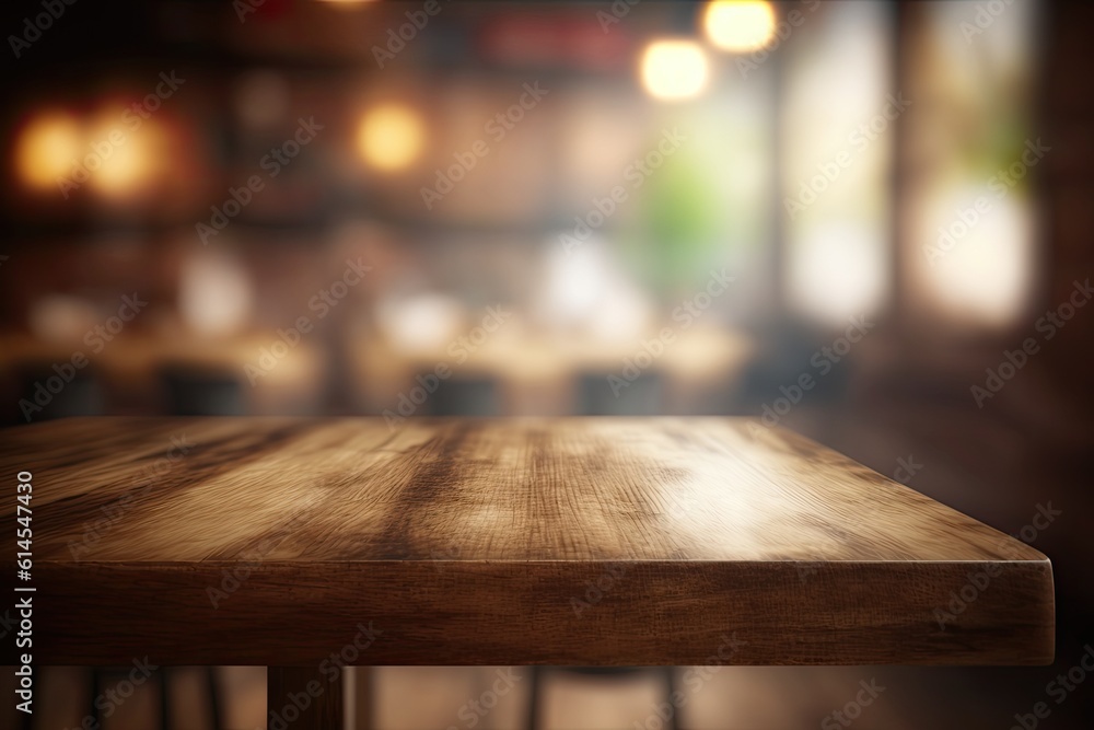 rustic wooden table with bokeh lights in the background. Generative AI