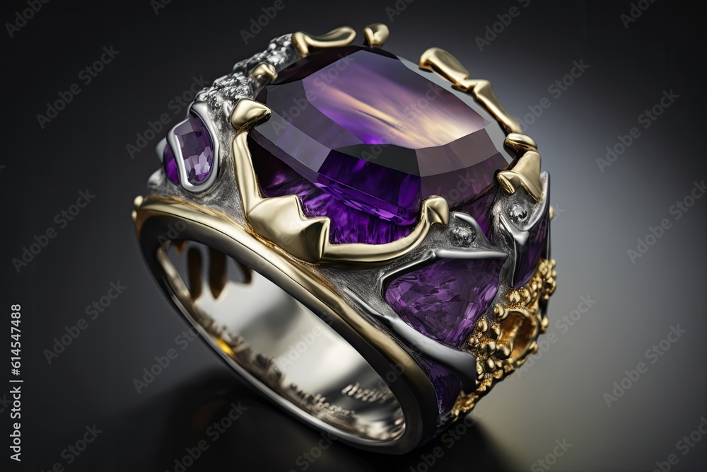 luxurious ring with a regal purple stone, encircled by gold and diamonds. Generative AI