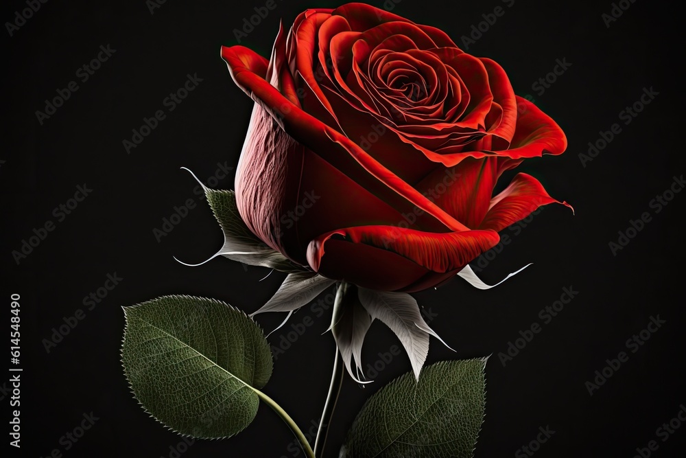 red rose with green leaves on a black background. Generative AI