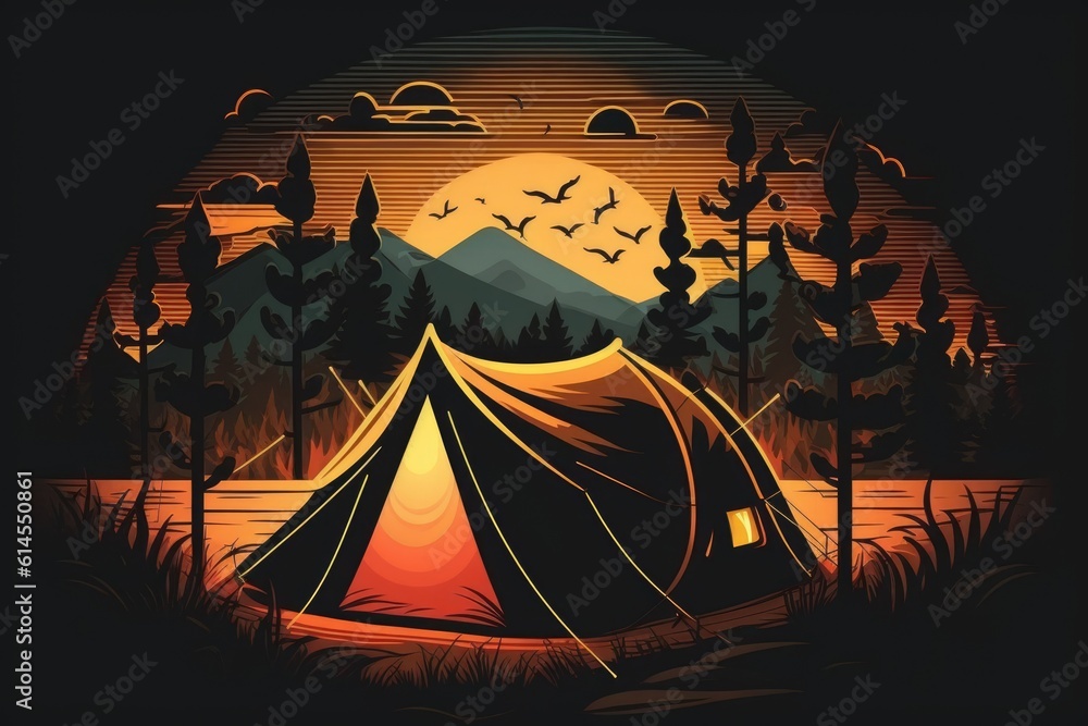 tent in the woods at sunset. Generative AI