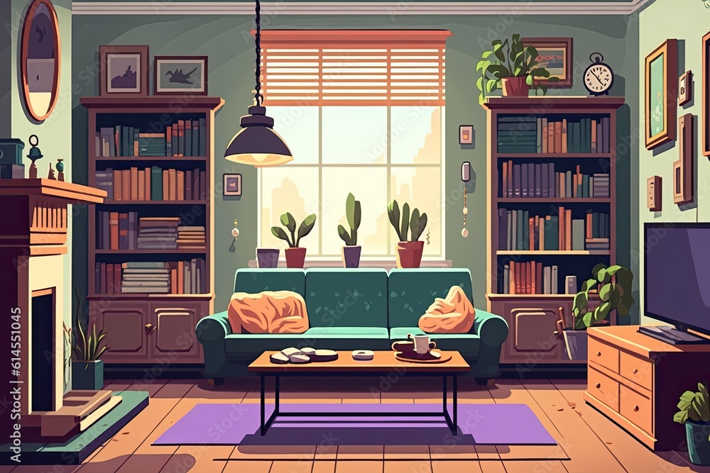 cozy living room with modern furniture and entertainment center. Generative AI