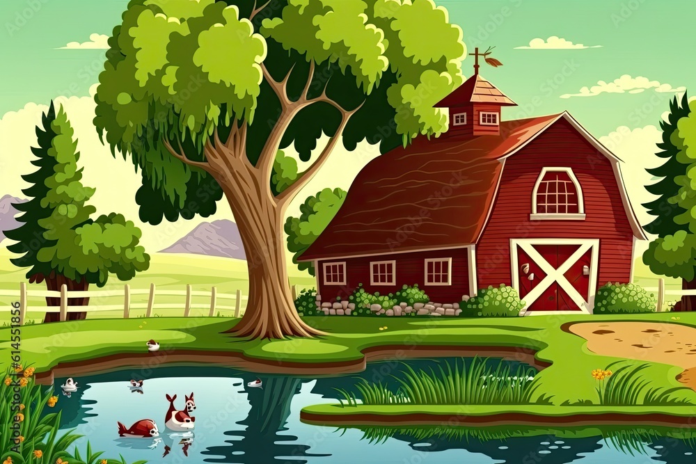 serene farm landscape with a pond and a rustic barn. Generative AI