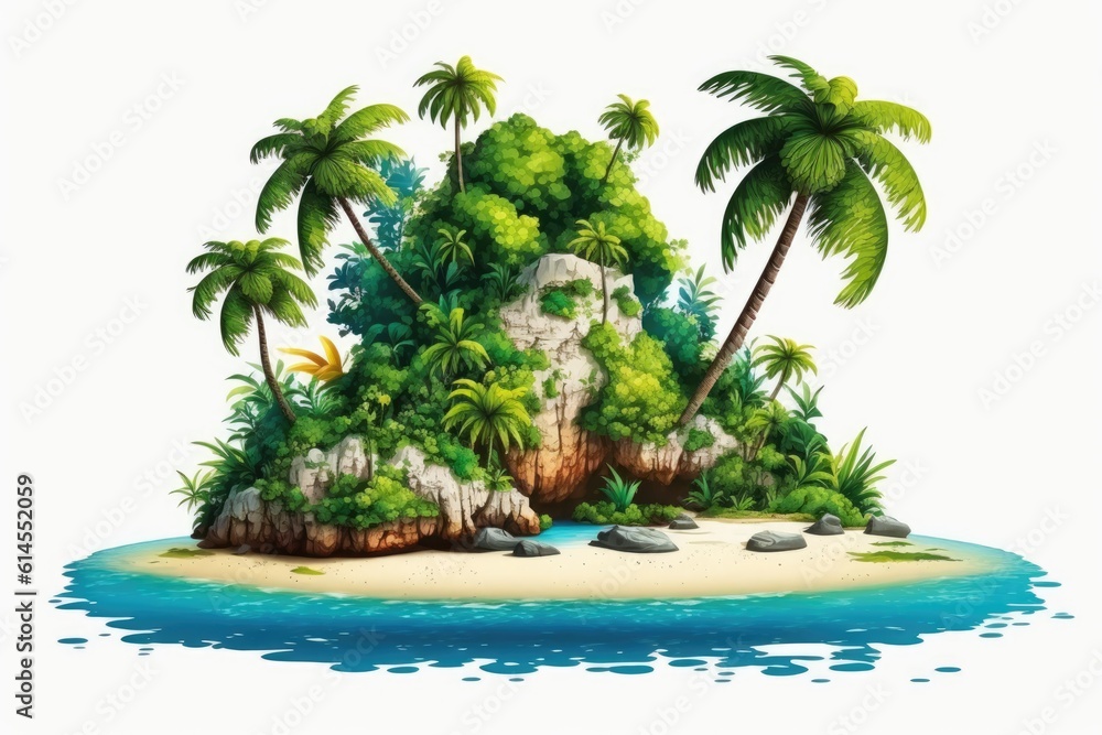 Tropical Island with Palm Trees on a White Background. Generative AI