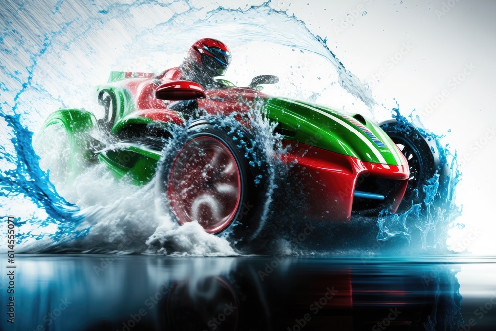 red and green car driving through a wave of water. Generative AI