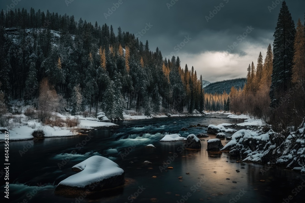 wintry river scene with snow-covered trees and cloudy sky. Generative AI