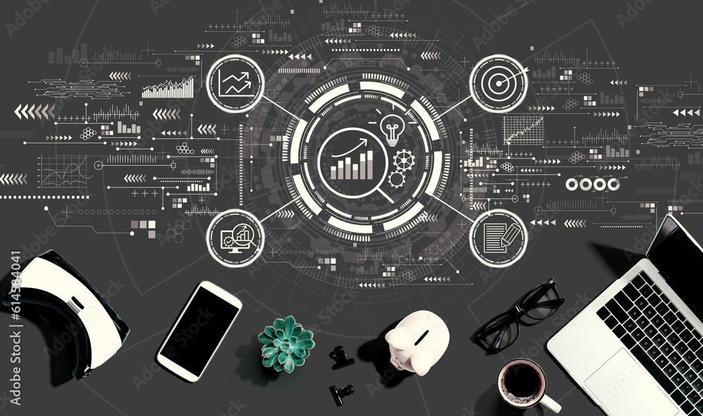 Data Analysis concept with electronic gadgets and office supplies - flat lay