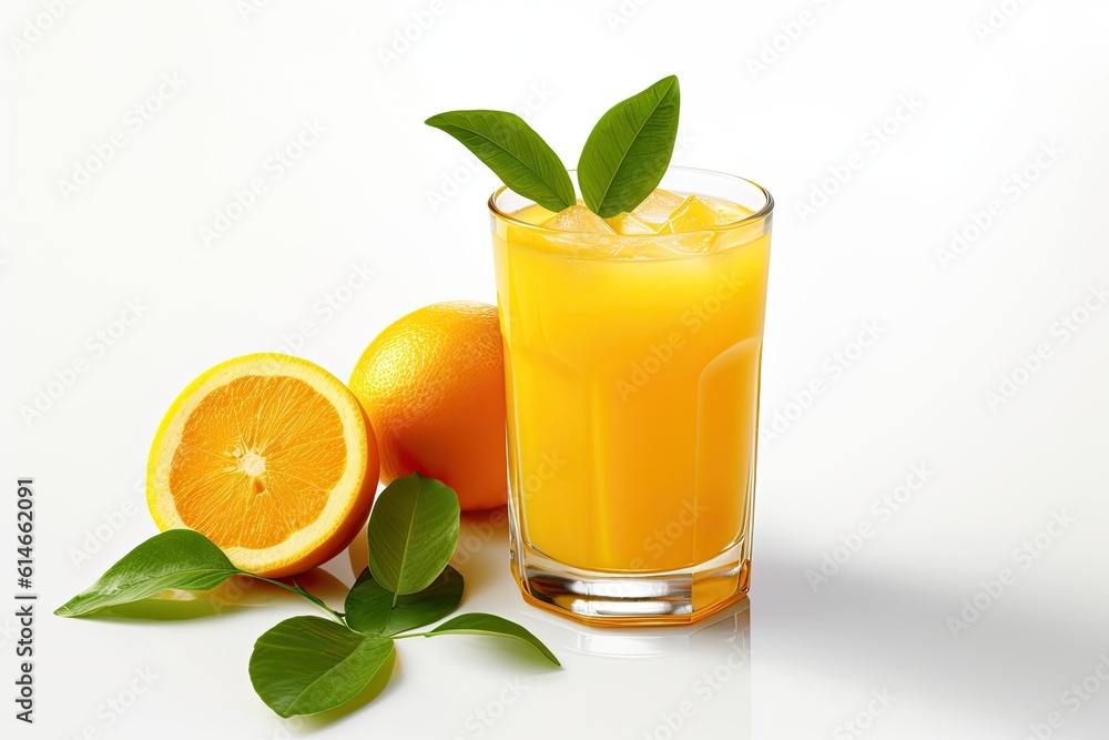 Glass of 100% Orange juice with green leaves isolated on white background. Fresh Orange Generative a