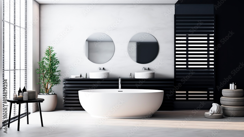 Interior of modern bathroom with white and black walls, white bathtub standing near mirror and sink.