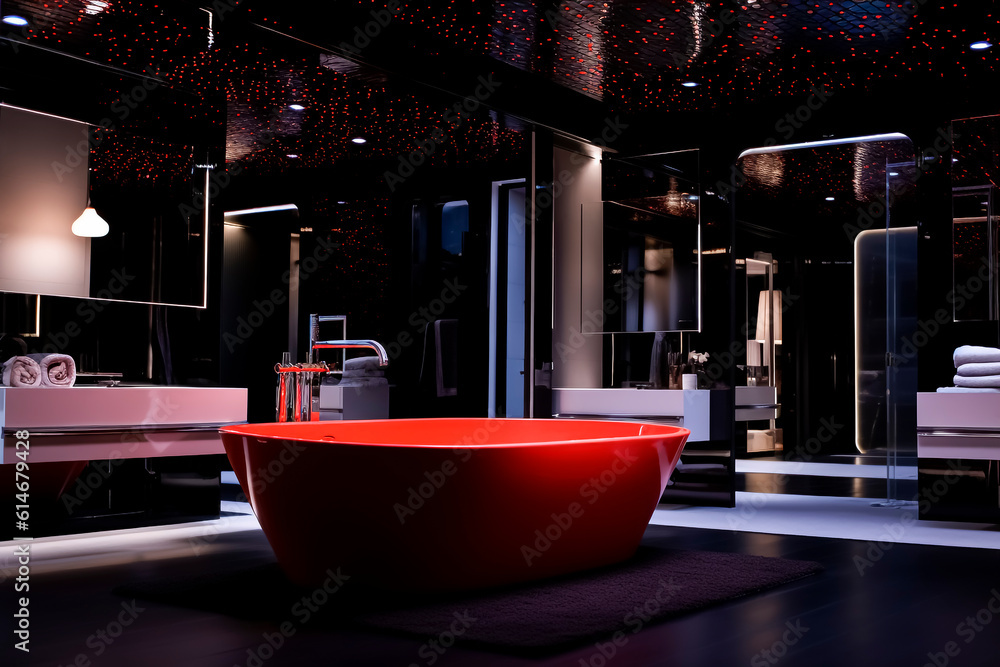 A dark bathroom interior with a red bathtub. Generative AI.