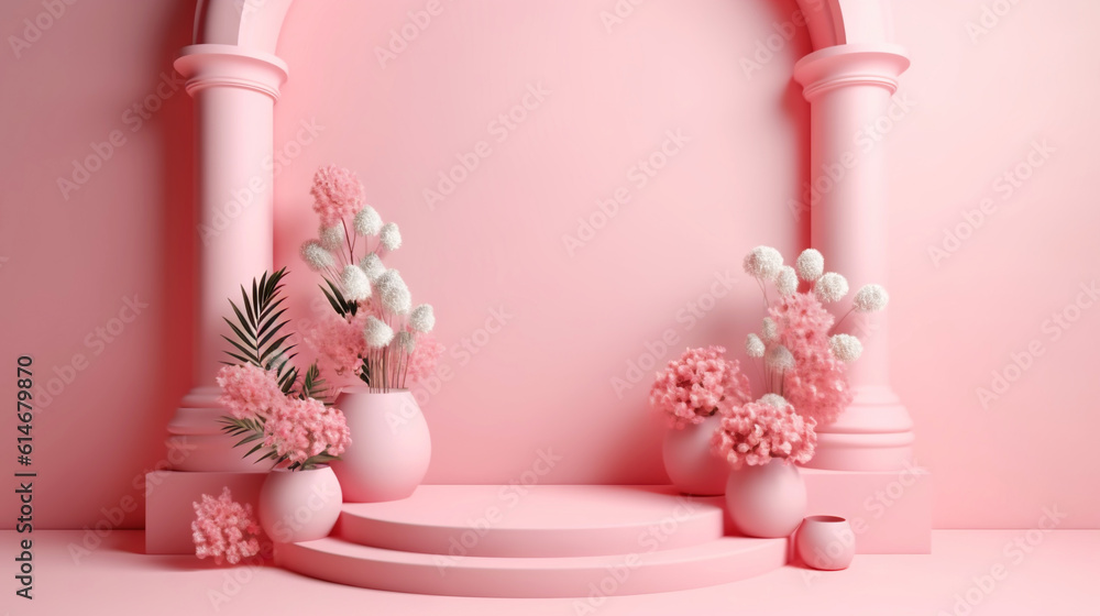 Podium with pink roses on pastel pink background to display products, gift or cosmetics. Generative 