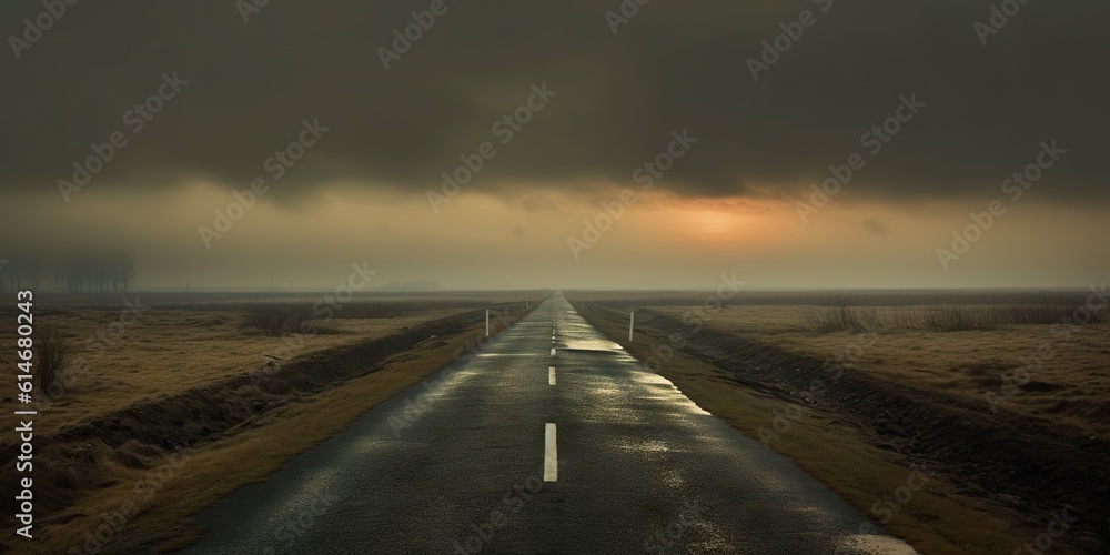 Misty empty road in lowlands. Foggy highway. Mystery travel concept. Generative AI