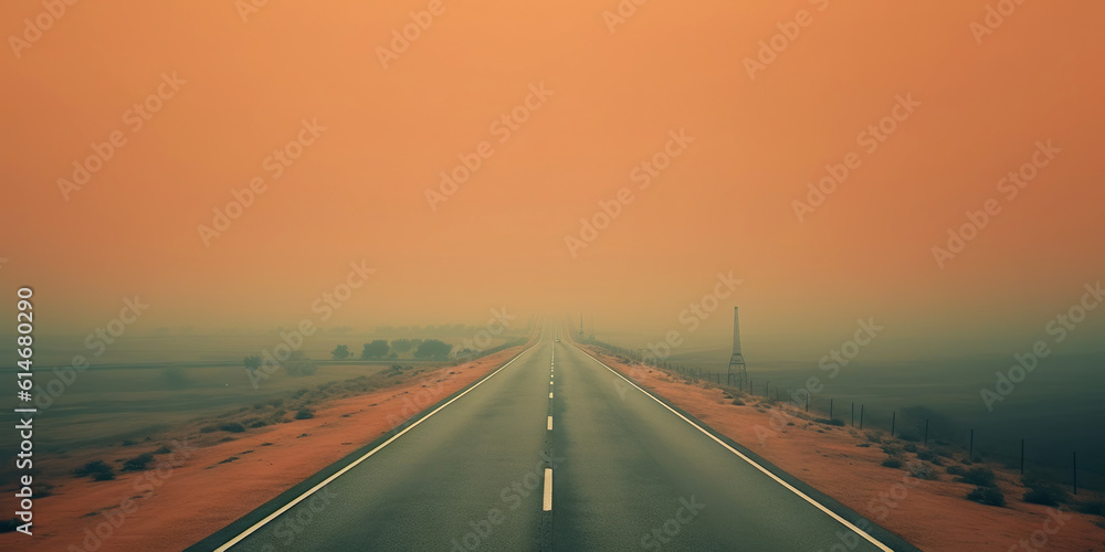 Minimalistic misty empty highway. Foggy road. Mystery travel concept. Generative AI