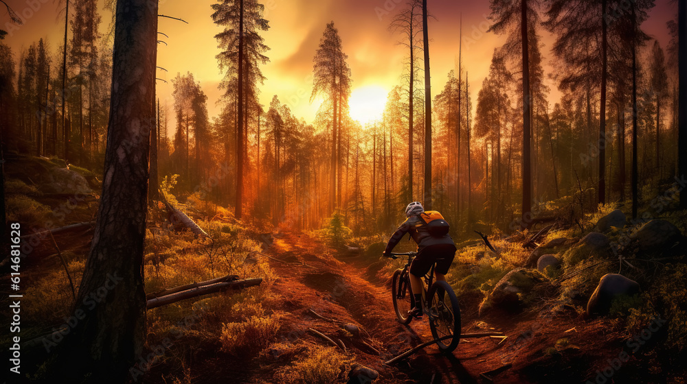 Mountain biker riding on bike in spring inspirational forest landscape. Man cycling on enduro trail 