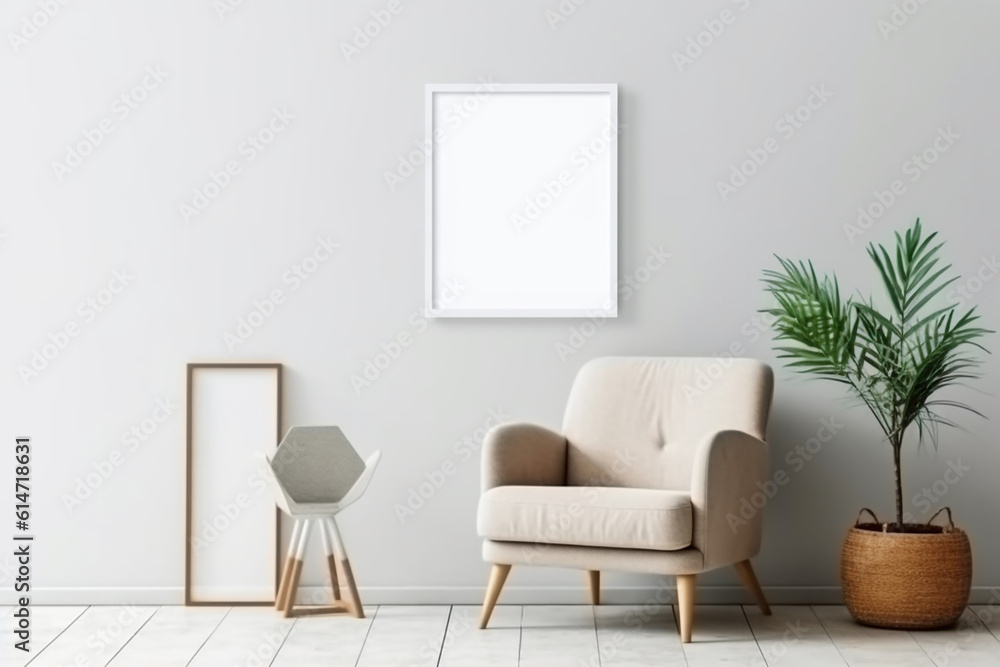 Blank picture frame mockup on gray wall. White living room design. generative AI