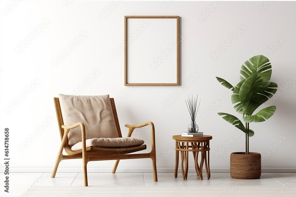 Blank picture frame mockup on gray wall. White living room design. generative AI