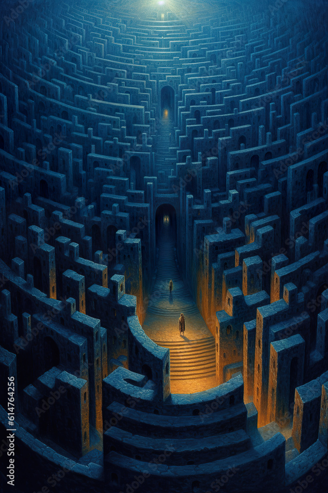 Big complex labyrinth in fantasy style. Abstract image of a complex corridor maze. Concept of findin